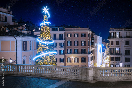 Piazza di Spagna decorated for the Christmas holidays in Rome, Italy.