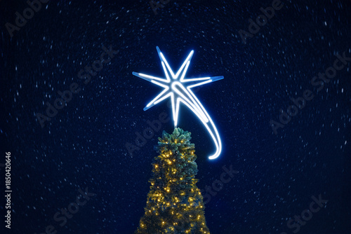 The top of the Christmas tree against the background of the starry sky.