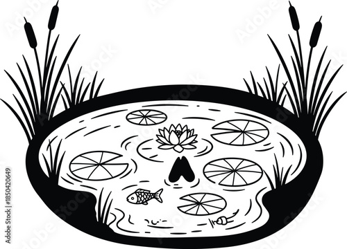 Mystical pond skull silhouette with lotus flower, lily pads, fish, reeds, eerie nature scene, symbolic water illustration, gothic aesthetic vector design for storytelling and branding