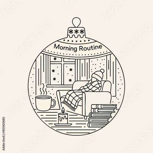 Cozy morning routine with steaming coffee and laptop