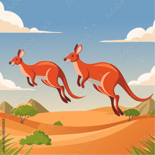 Two big red kangaroos are jumping over the Australian plain.