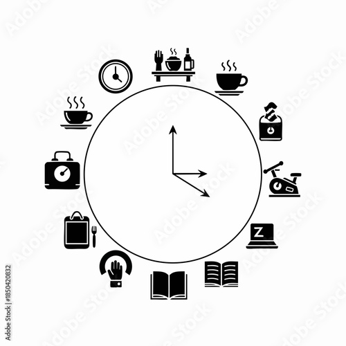 Time management and daily routine icons around a clock