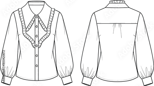 Women's Ruffled Victorian Blouse Technical Flat Sketch Fashion CAD Drawing Long Puffy Sleeves Band Collar Button Front Detail Garment Apparel Illustration Vector