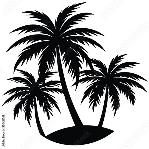 Monochromatic silhouette illustration of two distinct palm trees on a tropical beach, suggesting a peaceful, remote getaway. Vector graphic.