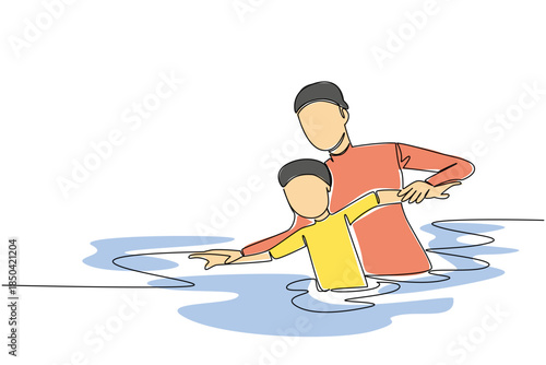 Continuous one line drawing a woman holding a boy learning to swim. Taught to swim by a mother with full dedication. Exercise. National Learn to Swim Day. Single line draw design vector illustration