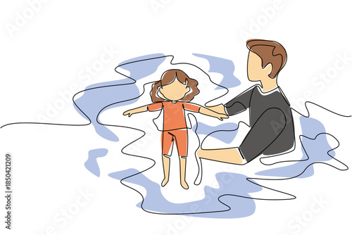 Single continuous line drawing a man holding a girl lying on her back learning to swim. Teach patiently. Educating with dedication. National Learn to Swim Day. One line design vector illustration