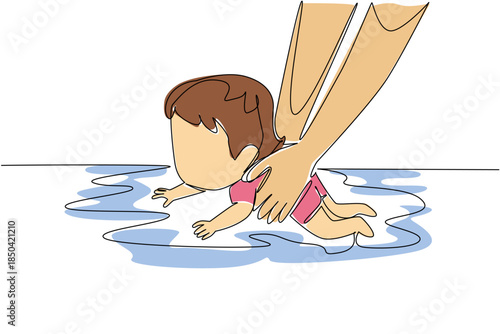 Continuous one line drawing hand holding baby girl learning to swim. Practice. Full supervision to avoid the worst. Instructor. National Learn to Swim Day. Single line draw design vector illustration