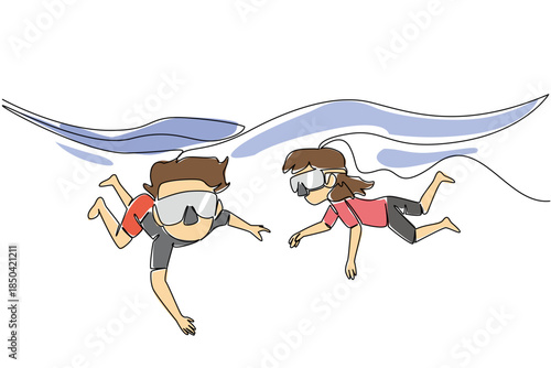 Single one line drawing boys and girls using swimming goggles for diving. Two brothers and sisters in the swimming pool. Newbie. National Learn to Swim Day. Continuous line design graphic illustration