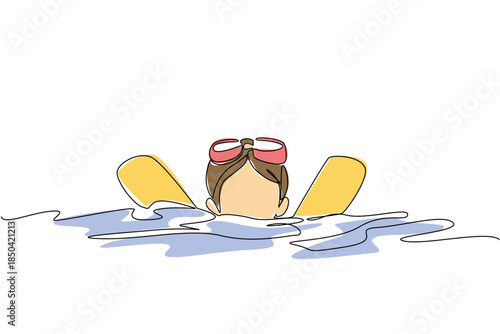 Single continuous line drawing a boy learns to swim using noodle swim. Practice regularly on weekends. Prospective swimmer. Serious. National Learn to Swim Day. One line design vector illustration