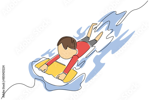 Single continuous line drawing a boy learns to swim using float. Aspiring to become a professional swimmer. Practice seriously. Newbie. National Learn to Swim Day. One line design vector illustration