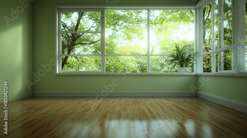 Bright interior room featuring a large window overlooking lush summer foliage and sunlit greenery
