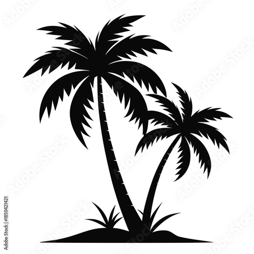 A simple, clean black silhouette of two palm trees, isolated on a white background. Minimalist vector graphic, tropical theme.