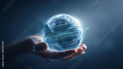 Holographic Earth Rotating Above Human Palm
