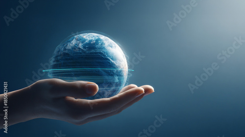 Holographic Earth Rotating Above Human Palm