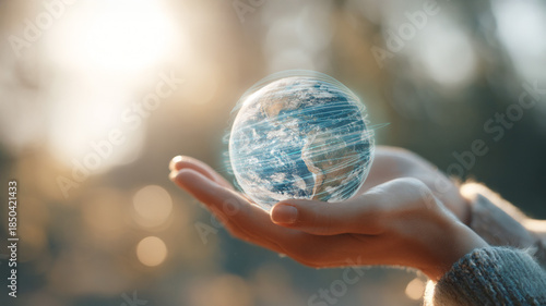 Holographic Earth Rotating Above Human Palm