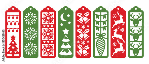 Set of decorative Christmas bookmarks. New Years and Xmas laser cut template. Bookmark stencil for paper, wood and metal cutting. Vector design with winter holidays pattern