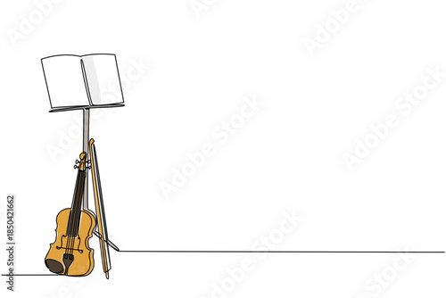 Single continuous line drawing violin with its strings leaning against the note stand. The violinist put down the instrument to rest. Composer. World Fiddle Day. One line design vector illustration