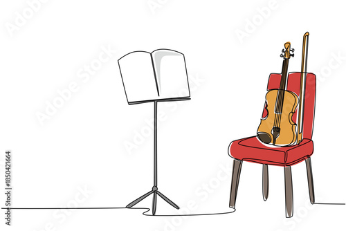 Single one line drawing violin on a chair and beside it there is a note stand with a notation sheet. Respect a musical instrument. Sound. World Fiddle Day. Continuous line design graphic illustration