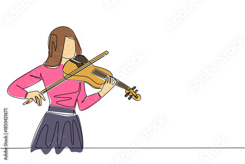 Single continuous line drawing a woman in casual clothes is playing the violin. Dress rehearsal for perfect performance. Beauty musician. Melody. World Fiddle Day. One line design vector illustration
