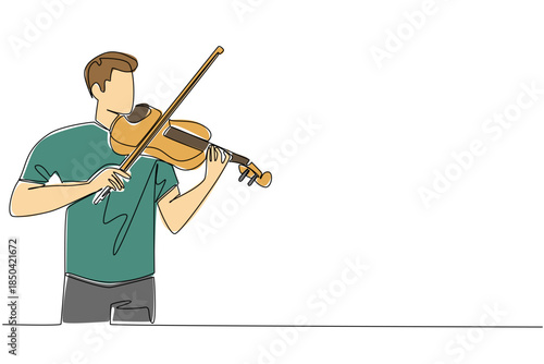 Single one line drawing a man in casual clothes playing the violin. The stunning performance of violinist during the dress rehearsal. World Fiddle Day. Continuous line design graphic illustration
