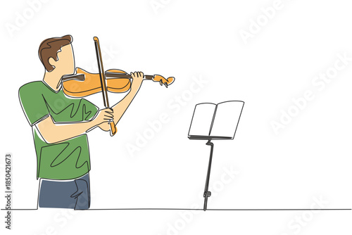 Continuous one line drawing man in casual clothes is playing the violin in front of the note stand. The perfect dress rehearsal. Musician. World Fiddle Day. Single line draw design vector illustration