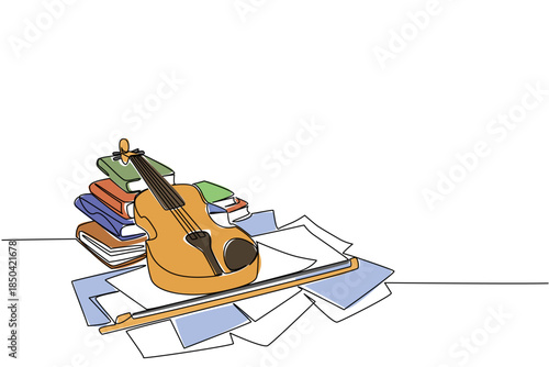 Single one line drawing violin on sheets of notation and stacks of old books. Looking inspiration for melodious tunes. Soothing chants. World Fiddle Day. Continuous line design graphic illustration