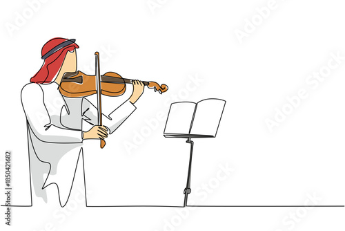 Continuous one line drawing an Arab man playing the violin in front of the note stand. Memorizing the scales for a perfect concert. Sound. World Fiddle Day. Single line draw design vector illustration