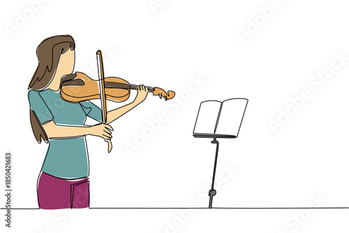 Single continuous line drawing woman in casual clothes is playing the violin in front of the note stand. Closed training strengthens performance. World Fiddle Day. One line design vector illustration