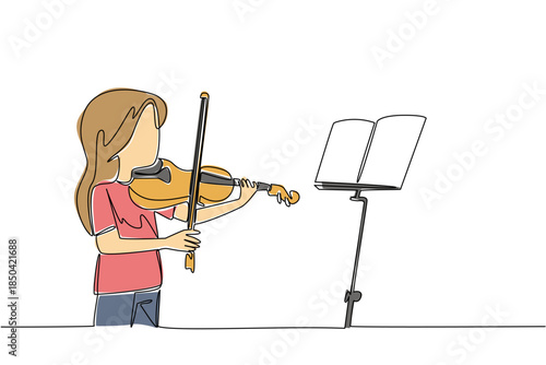 Continuous one line drawing a girl playing the violin in front of the note stand. Study and absorb. Basic tone. Exciting performance. World Fiddle Day. Single line draw design vector illustration