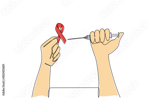 Single one line drawing hand holding injection and wanting to inject red ribbon symbol of AIDS. Disables viruses. Fight. National HIV Vaccine Awareness Day. Continuous line design graphic illustration