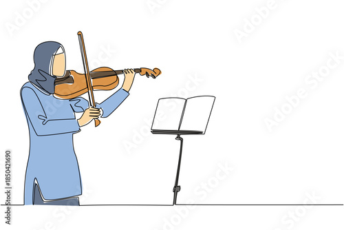 Single one line drawing an Arab woman playing the violin in front of the note stand. The first solo concert by a Muslim woman. Excited. World Fiddle Day. Continuous line design graphic illustration