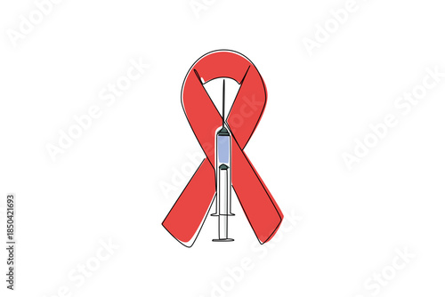 Single continuous line drawing injection with red ribbon background symbol of AIDS. One solidarity to fight deadly HIV virus. National HIV Vaccine Awareness Day. One line design vector illustration
