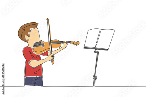 Single continuous line drawing a little boy playing the violin in front of the note stand. First day of the course. Soaking up every note. Sound. World Fiddle Day. One line design vector illustration