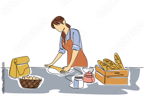 Single continuous line drawing a woman flattens the dough using a rolling pin. A fun new hobby. Getting creative with cooking. Delicious snacks. World Baking Day. One line design vector illustration