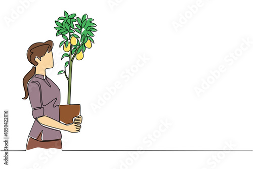 Single continuous line drawing  a young woman holding a lemon tree in a pot that is already bearing fruit. A satisfying harvest. Freshness. Plant a Lemon Tree Day. One line design vector illustration