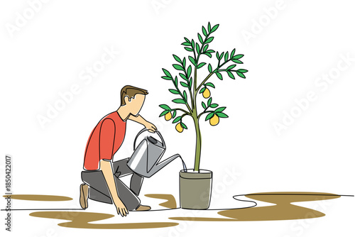Single one line drawing a man watering a lemon tree in a pot using a watering can. Water it. Enjoy the results at harvest time. Plant a Lemon Tree Day. Continuous line design graphic illustration