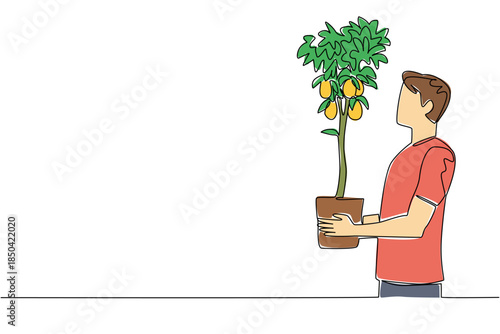 Continuous one line drawing a man holding a lemon tree in a pot that is already bearing fruit. Examples of successful cultivation. Plant a Lemon Tree Day. Single line draw design vector illustration