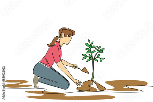 Continuous one line drawing woman is planting a lemon tree on the ground. Benefits at harvest time. Maintained. Freshness. Citrus. Plant a Lemon Tree Day. Single line draw design vector illustration