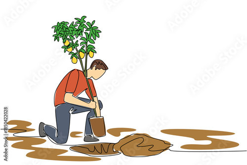 Single continuous line drawing a man inserts lemon tree bearing fruit into a hole in the ground. Well cultivated. Delicious and refreshing. Plant a Lemon Tree Day. One line design vector illustration