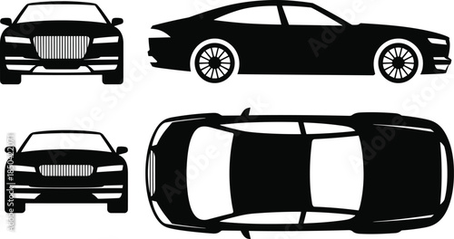 Modern luxury car silhouette vector set with front, side, and top views, ideal for automotive design, mockups, blueprints, and branding visuals