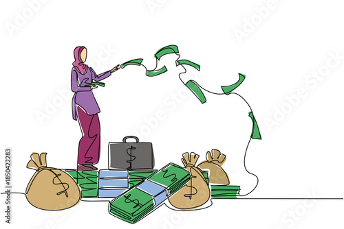 Single continuous line drawing Arab woman stands on pile of banknotes and money bag throwing banknotes. Be very wasteful. Forgot to invest. Be a Millionaire Day. One line design vector illustration