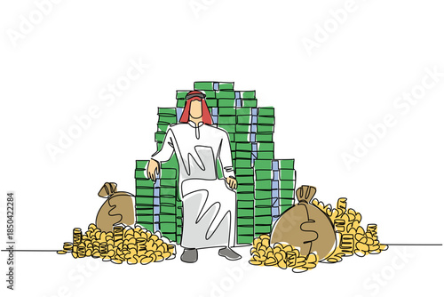 Single continuous line drawing Arab man sits on pile of banknotes and money bags that form throne of a king. An extraordinary achievement. Be a Millionaire Day. One line design vector illustration