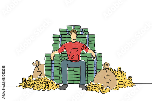 Continuous one line drawing a man sits on pile of banknotes and money bags that form throne of a king. The pinnacle of achievement. Be a Millionaire Day. Single line draw design vector illustration