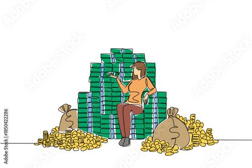 Single one line drawing a woman sits on pile of banknotes and money bags that form throne of a king. The pinnacle of success. Wealth. Be a Millionaire Day. Continuous line design graphic illustration