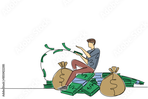 Single one line drawing a man sitting on a pile of banknotes and money bag while throwing banknotes. Waste a lot of money. Careless. Be a Millionaire Day. Continuous line design graphic illustration