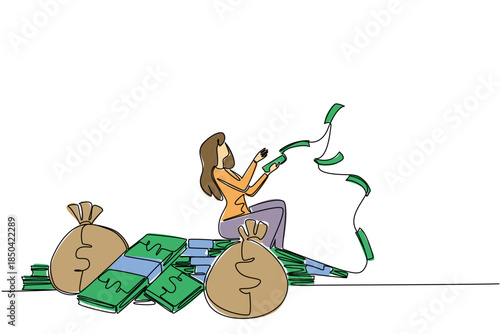 Single continuous line drawing a woman sitting on a pile of banknotes and money bag while throwing banknotes. Happy with lots of income. Be a Millionaire Day. One line design vector illustration
