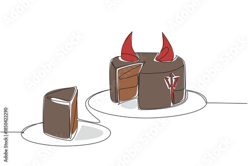 Single continuous line drawing food cake of devil cut with horn topping. A darker, denser cake with a sweeter taste. Culinary. Event. National Food of Devil Cake. One line design vector illustration