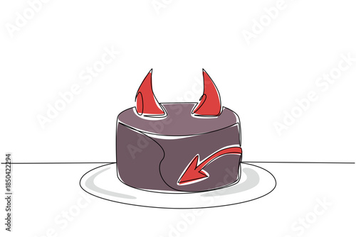 Continuous one line drawing food of devil cake with horn topping and tail on the side. The deliciousness behind the density. National Food of Devil Cake. Single line draw design vector illustration