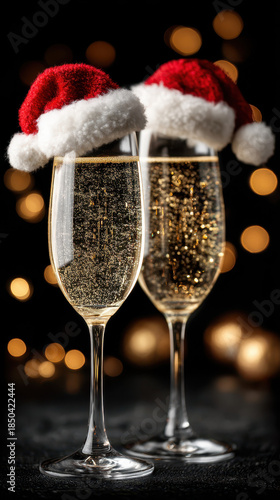 Champagne flutes in Santa hats, black background, golden bokeh