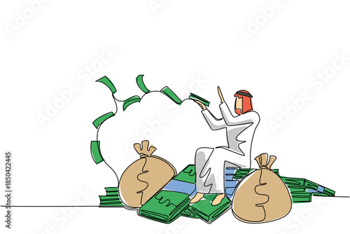 Single continuous line drawing an Arabian man sits on a pile of banknotes and throws banknotes. Smart work pays off. Maximum profit. Wealthy. Be a Millionaire Day. One line design vector illustration